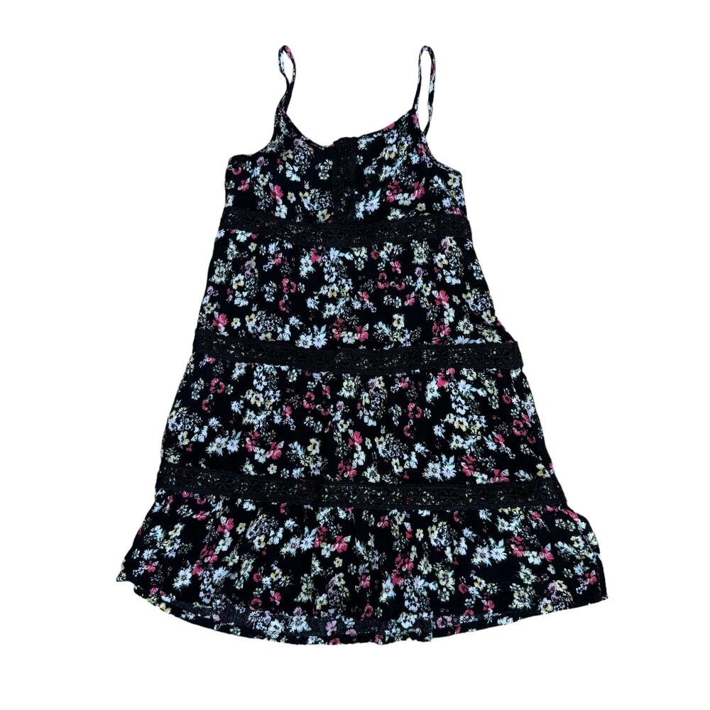 Full Tilt Girls Black Floral Spaghetti Strap Tiered Lace Inset Boho Dress Size M